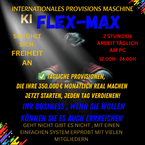 Colorful promotional graphic with text about AI Flex-Max, highlighting daily commissions and business opportunities.