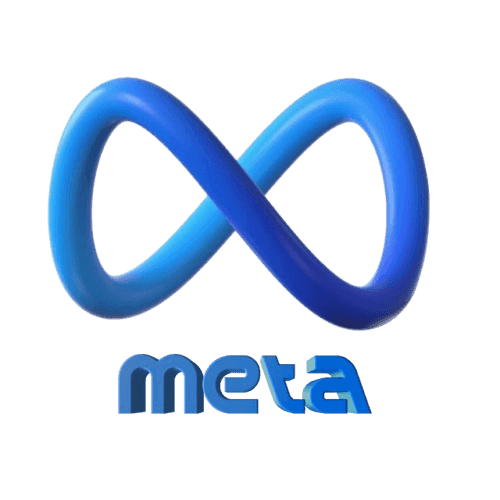 Logo of Meta featuring a blue infinity symbol above the company's name in blue gradient text.