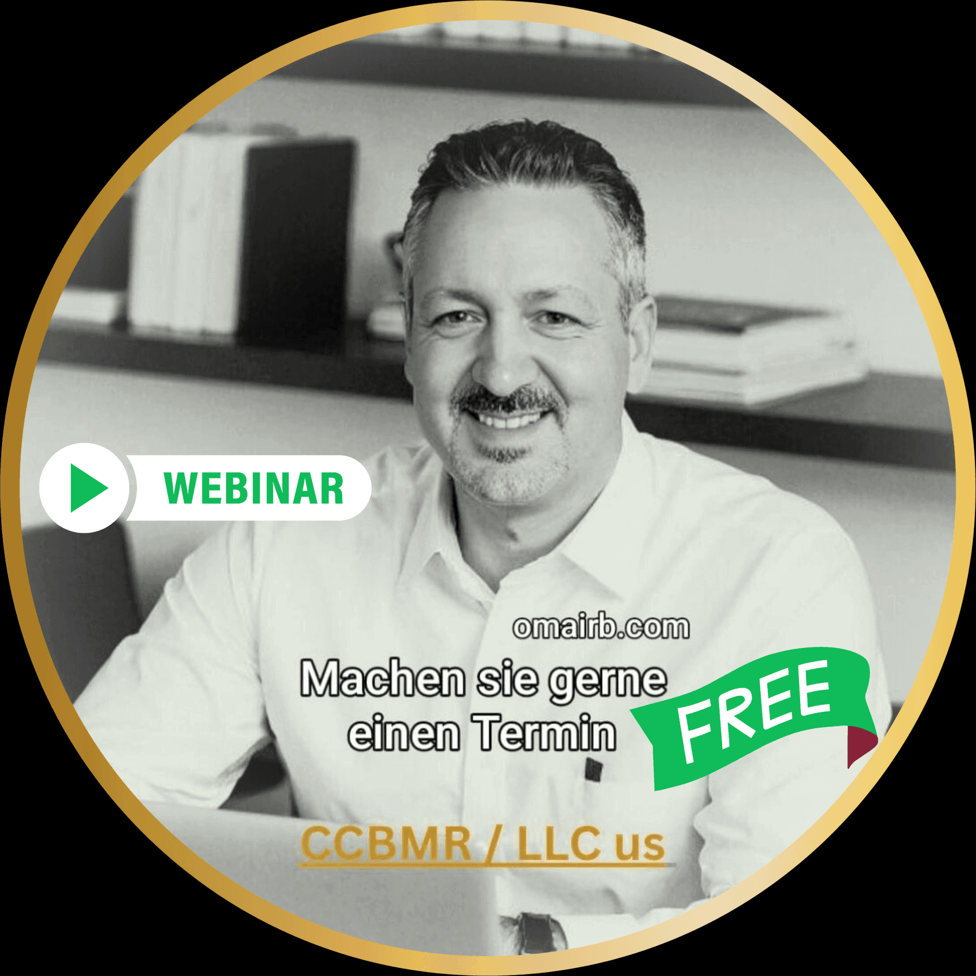 Smiling man in an office with text about a free webinar and scheduling an appointment.