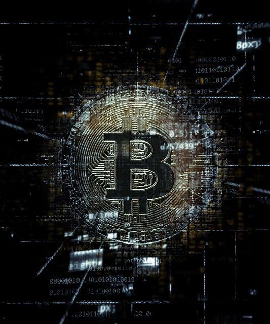 Digital representation of a Bitcoin symbol surrounded by binary code and abstract lines on a dark background.