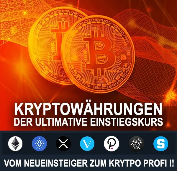Bitcoin symbols on a red background with text and various cryptocurrency icons below.