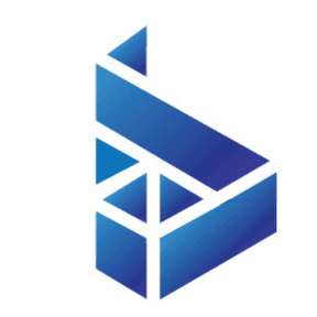Abstract geometric logo with blue gradient triangles and rectangles.