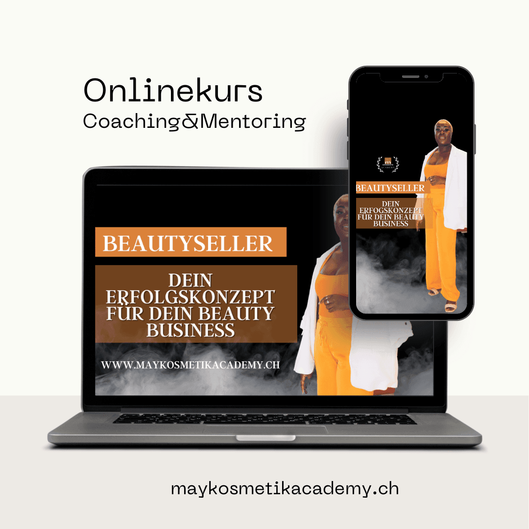 Online course ad for beauty business coaching on laptop and phone, image of person in orange attire.