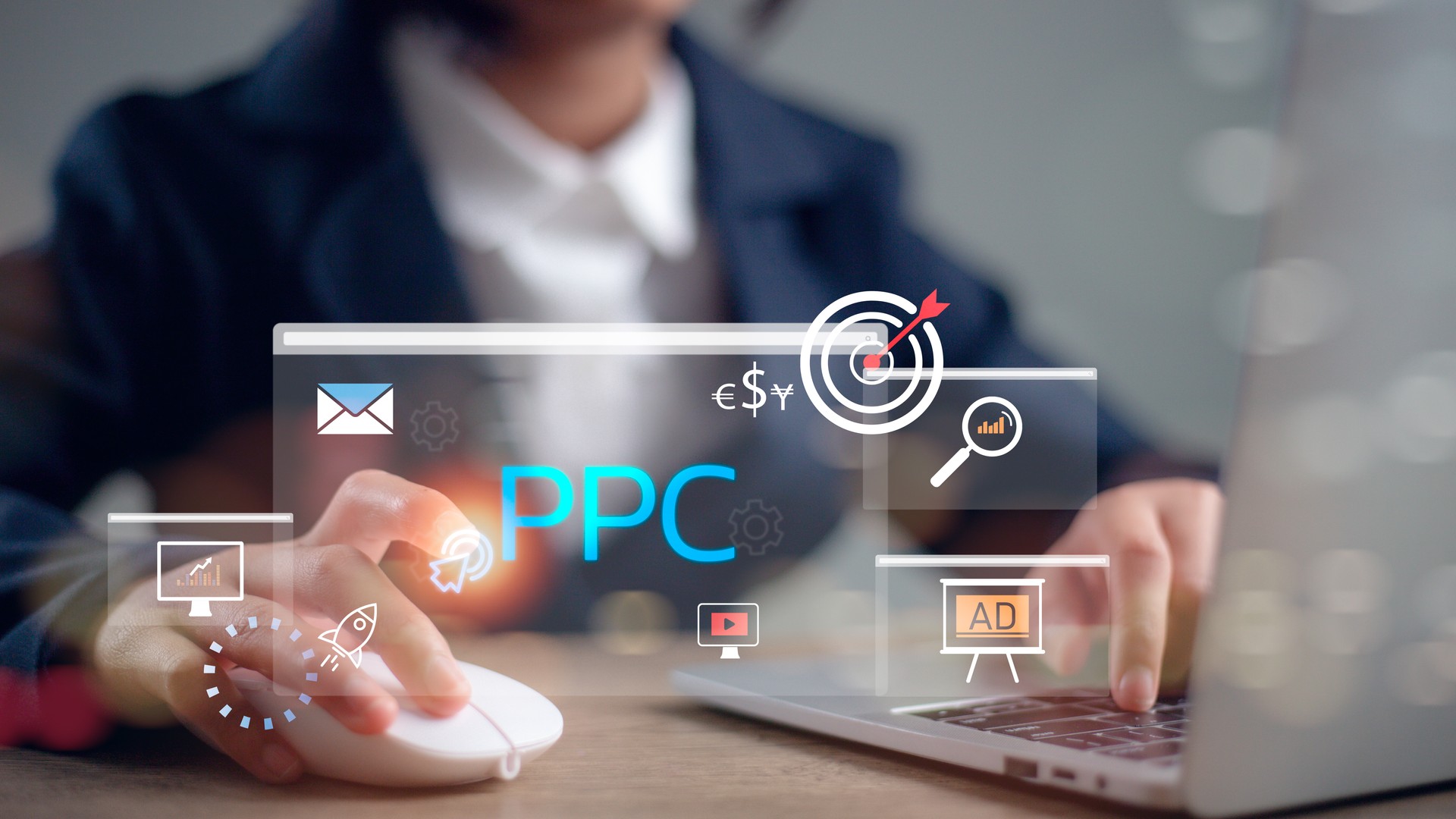 PPC - Pay Per Click concept. Businessman working on laptop, social network, SEO